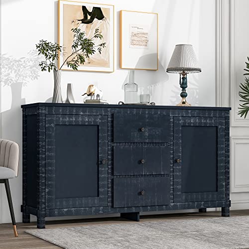 Polibi Solid Wood Buffet Cabinet With 2 Storage Cabinets, 3 Drawers And Adjustable Shelves, Retro Sideboard Side Table For Dining Room, Living Room, Bedroom, Antique Black #TOP4