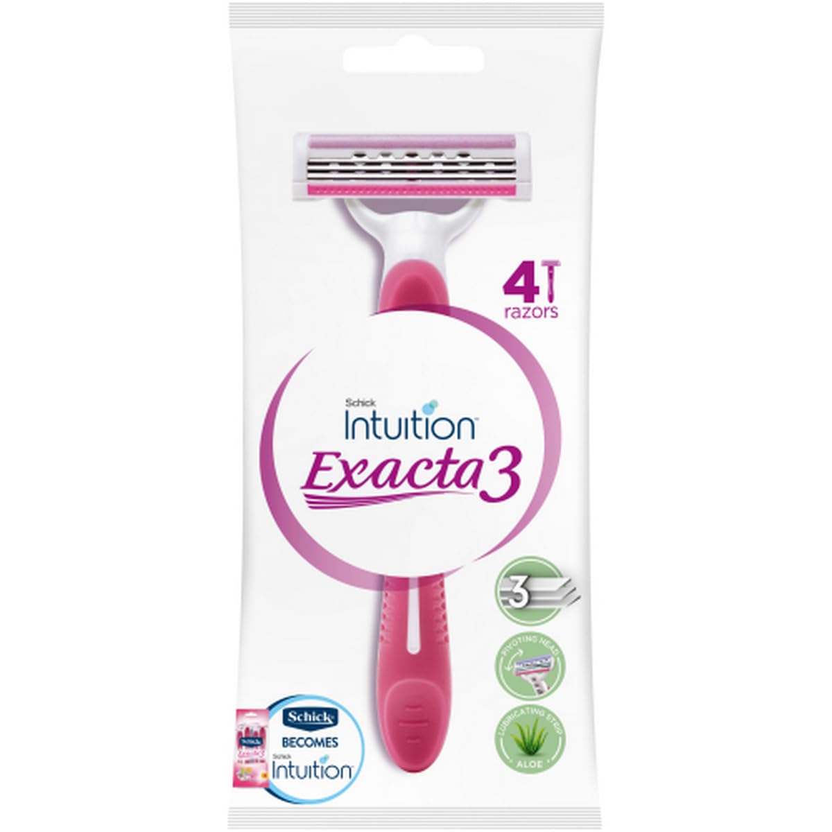 Intuition Exacta3 Disposable Razor for Women- Enriched with Aloe and Jojoba-Pricise Clean Smooth Shave- Swivel Head & 3blade Technology- Comfort Grip - Skin Guards Prevent Nicks & Cuts -4 Pack