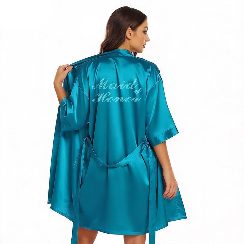 Image of Women's Bride Bridesmaid Robes Short Satin One Size Silver Rhinestones Wedding Party Getting Ready Sleepwear