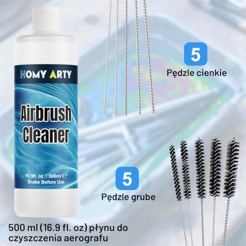 HOMY ARTY Farba do Aerografu- 42 Kolory z 6 Rozcieńczalnikami i 500 ml Zestaw Czyszczący z Pędzlami, Gotowa do Sprayowania Farba Akrylowa do Metalu, Modeli Plastikowych, Płótna, Drewna, 20 ml/Butelkę