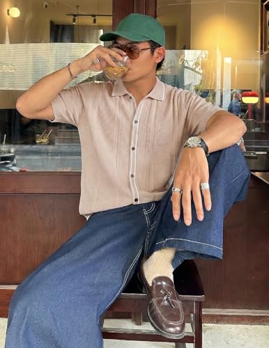 Image of JMIERR Men's Vintage Knit Button Down Shirts Fashion Casual Old Money Vacation Beach Polo Shirt Short Sleeve