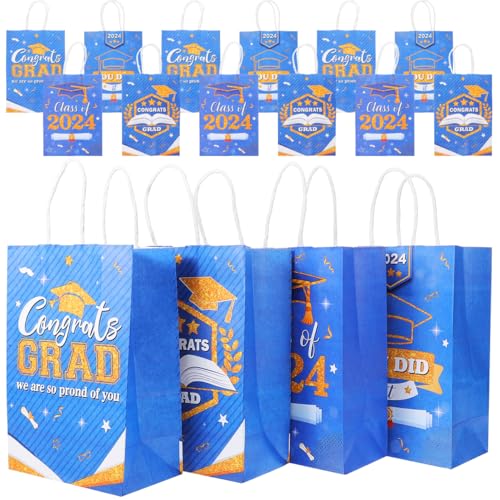 Sac de remise de diplôme en papier bleu avec poignées 21x15x8 cm pour bonbons lot de 16