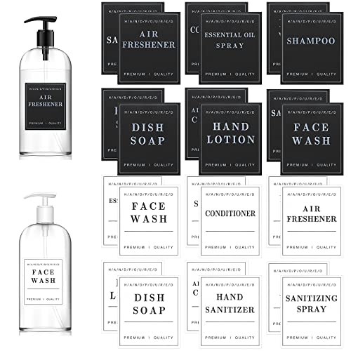 Prefdo, 36 adesivi per etichette stampate per bottiglie, etichette minimaliste impermeabili, per bagno, cucina, sapone per mani, shampoo, balsamo, dispenser per lozioni, flaconi (bianco