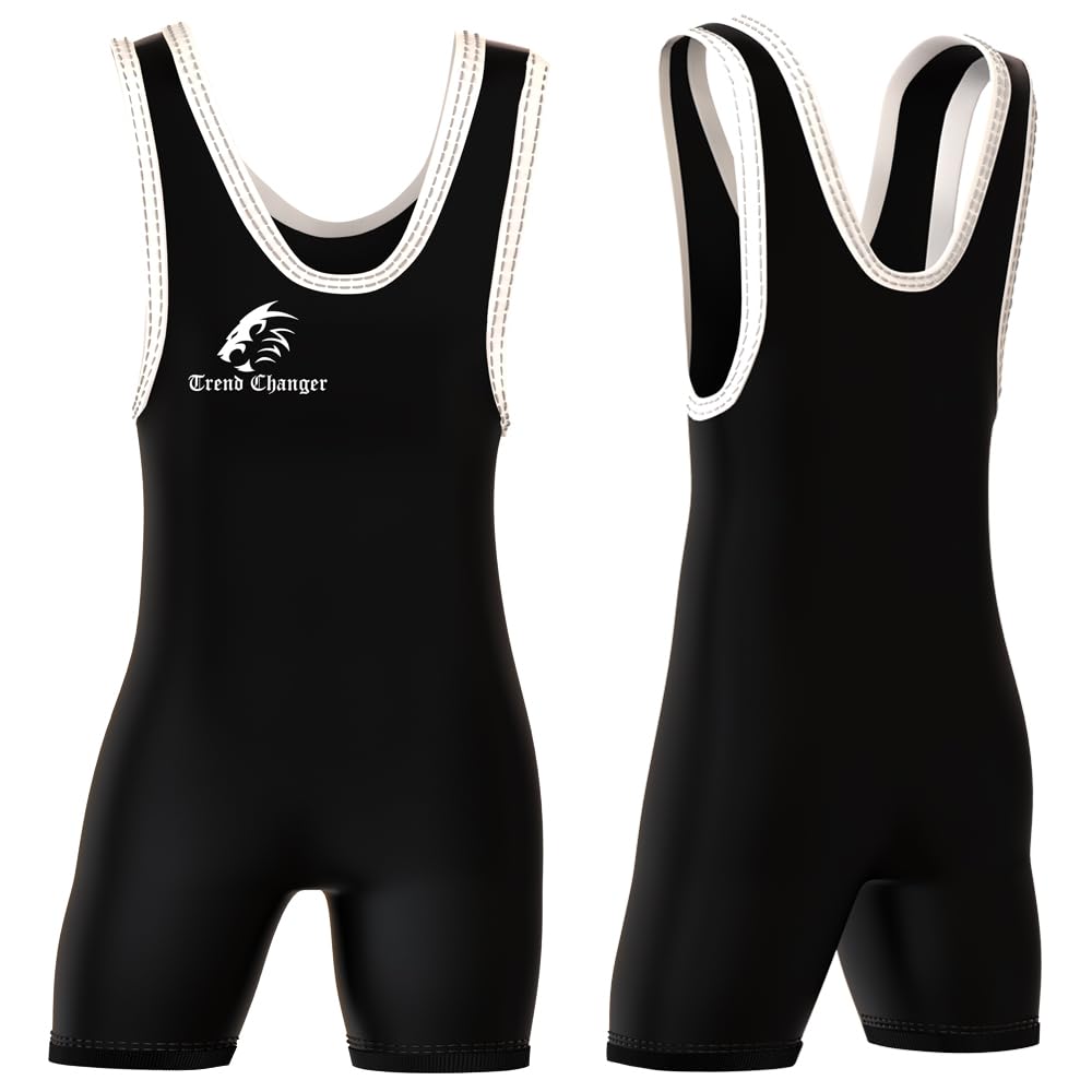 Trend Changer Kids Wrestling Singlet, Unisex, Comfortable, Breathable, Stretchable For Training & Gymnastics (Black/White, Medium (Youth))