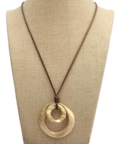 GelConnie Leather Necklace for Women Round Wooden Pendant Long Leather Choker Vintage Sweater Necklace Gold Chunky Boho Necklaces for Women3