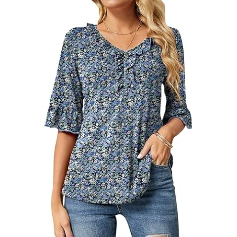 Ivicoer Women's 3/4 Bell Sleeves Ruffle V Neck Shirts Casual Fall Top Black Floral Print XL Cover