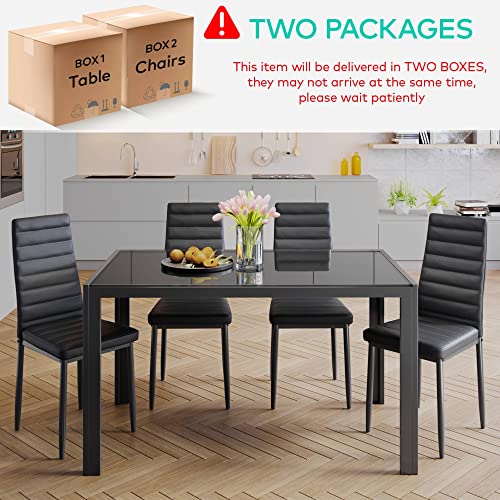Gizoon 5 Piece Glass Dining Table Set, Kitchen Table And Chairs For 4, Pu Leather Modern Dining Room Sets For Home, Kitchen, Dining Room (Black) #TOP2