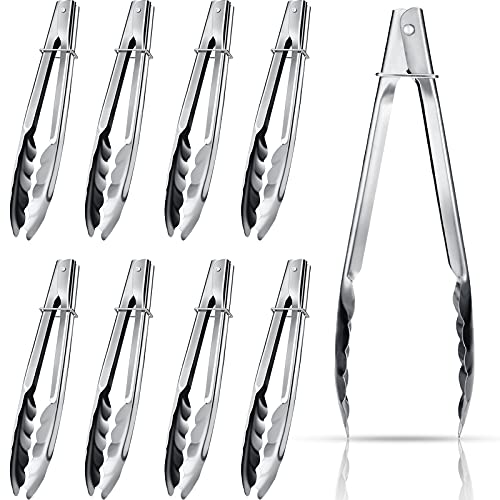 Chengu 9 Pieces Stainless Steel Kitchen Cooking Tongs Set with Sliding Rings 7 Inch Metal Small Clam Shell Cooking Tongs Non Slip for Salad Grilling Barbecue