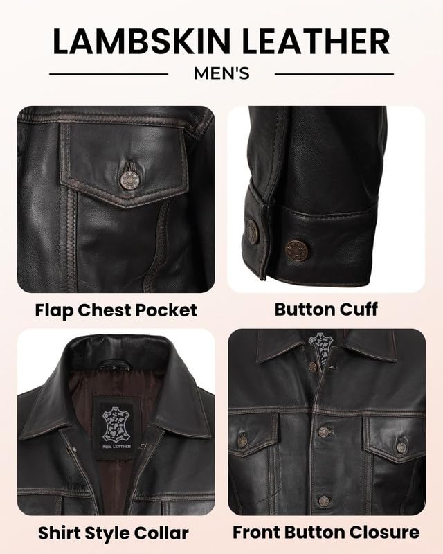 Image of Blingsoul Men's Leather Jacket - Real Full-Grain Lambskin Trucker Jacket for Men