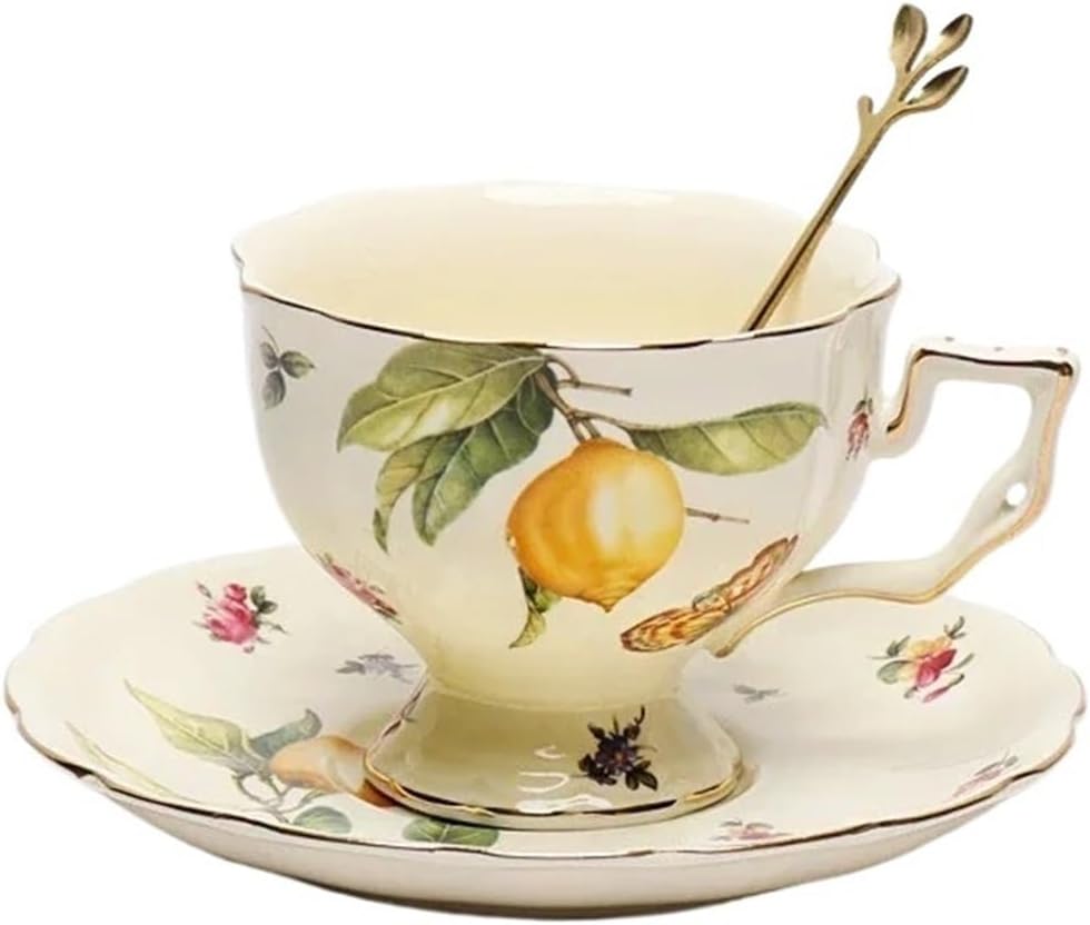 Ceramic Mug Coffee Cup and Saucers Set Lemon Pattern Retro Afternoon Tea Cup Dessert Plate(Color: 1)