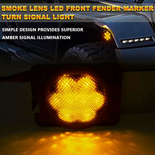 Xotic Tech 4Pcs Smoked Lens Led Front Grill Marker Turn Signal & Front Fender Side Marker Indicator Parking Light Lamps, Compatible With Jeep Wrangler Jk Jku 2007-2017 3000K Amber #TOP1