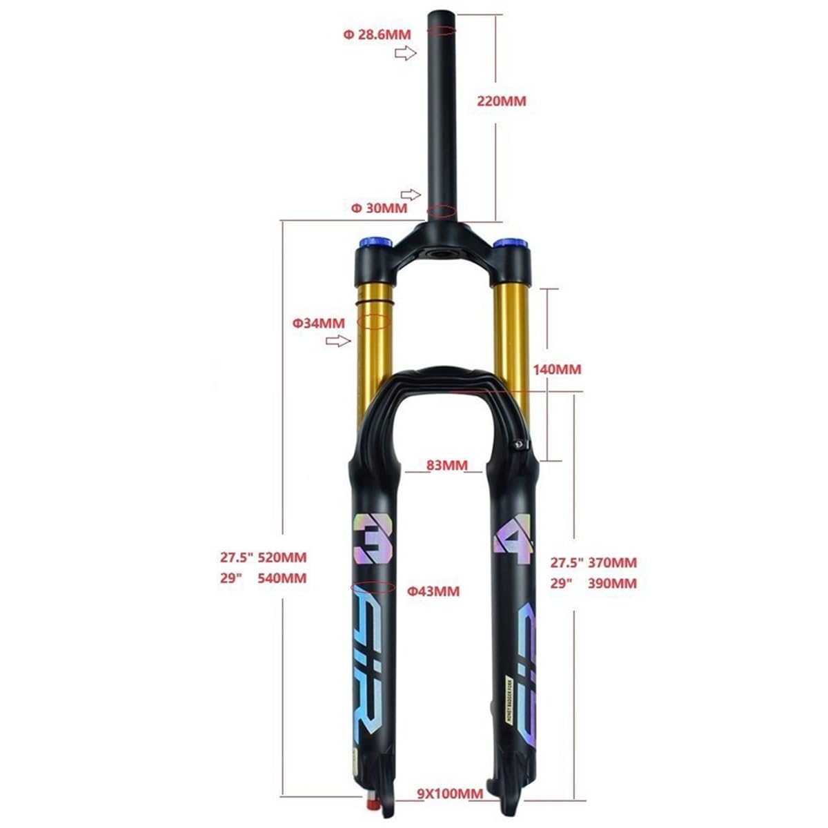 27,5" 29" widelec amortyzowany pneumatycznie z ręcznym pilotem, zawieszenie rowerowe, bezśrubowe, skok sprężyny 1-1/8", 140 mm, szybkozłączka 9 mm z amortyzacją
