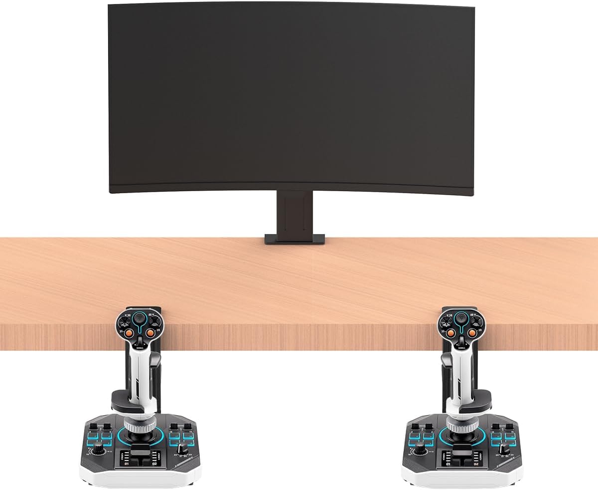 Image displaying various compatible HOTAS flight simulation controllers that can be used with the JUYEER desk mount.