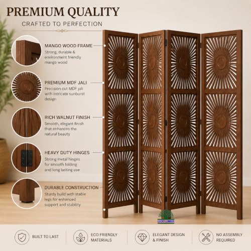 Image of Wooden Room Divider Partition for Living Room | Foldable 4 Panel Decorative Privacy Screen Separator for Home, Office & Bedroom | Modern (Sun Brown)