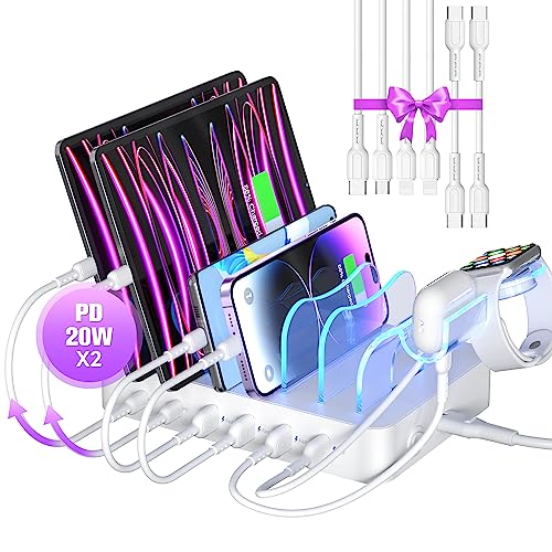SooPii 6-port USB-C-laddningsstation för flera enheter, 2 PD 20 W snabbladdning för lPhone 15/14/13, 8 USB-laddningskabel och 1 förbättrad hållare för I Watch-laddare och pods ingår