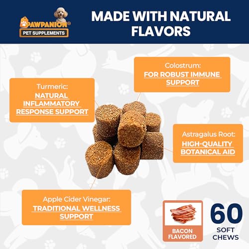 Image of Dog Skin Support Soft Chews with Colostrum, 60 Count | Colostrum, turmeric, probiotics, prebiotics and omega fatty acids support seasonal skin comfort and immune balance.