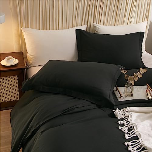 Vclife Queen Black Duvet Cover Washed Microfiber Quilt Cover Sets Queen Size 3 Pieces Black Solid Color Bedding Sets (1 Queen Black Duvet Cover And 2 Pillow Shams), Breathable, Fade Resistant #TOP1
