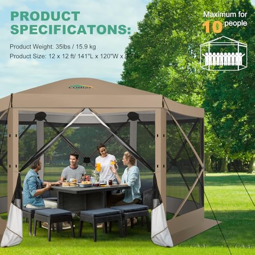Image of COBIZI 12x12 FT Pop Up Canopy Extendable Tent, Gazebos On Clearance with Removable Roof,Screened in Gazebo,Screen Tents Portable carpas para Patio for Outdoor Camping,Backyard, Garden,Khaki(Upgraded)