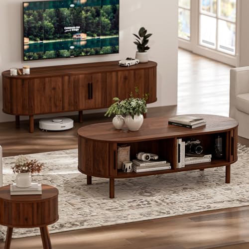Image of ZttRiee Oval Coffee Table with Sliding Doors, Mid-Century, Walnut | 47.24 inchL x 21.65 inchW x 16.14 inchH, 200 lbs capacity, 2 front & back storage areas, ~60 min assembly
