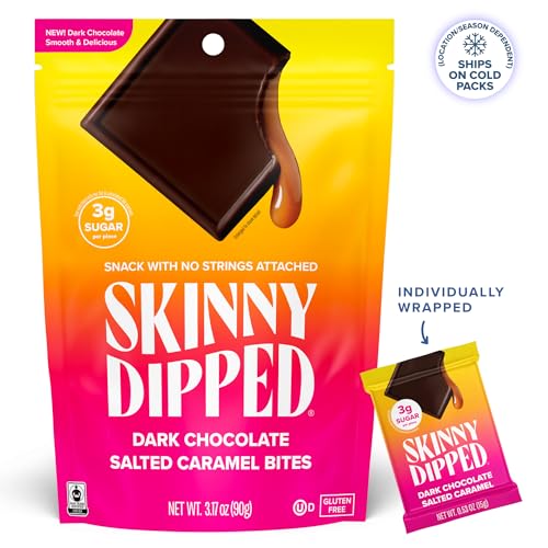 Image of SkinnyDipped Dark Chocolate Salted Caramel Bites, 3.17oz Bags | 4 Pack | Rich Dark Chocolate | Creamy Caramel| Individually Wrapped | Low Sugar | Gluten Free
