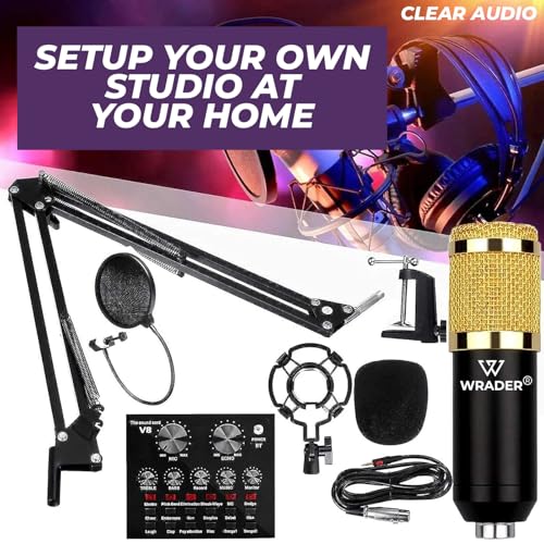 Image of Condenser Microphone Full Setup with Sound Card for Podcast Recording, Singing, Voice Capturing, YouTube Videos, Interviews Recorder Microphones (Black, V8 Sound Card, BM800 Mic)
