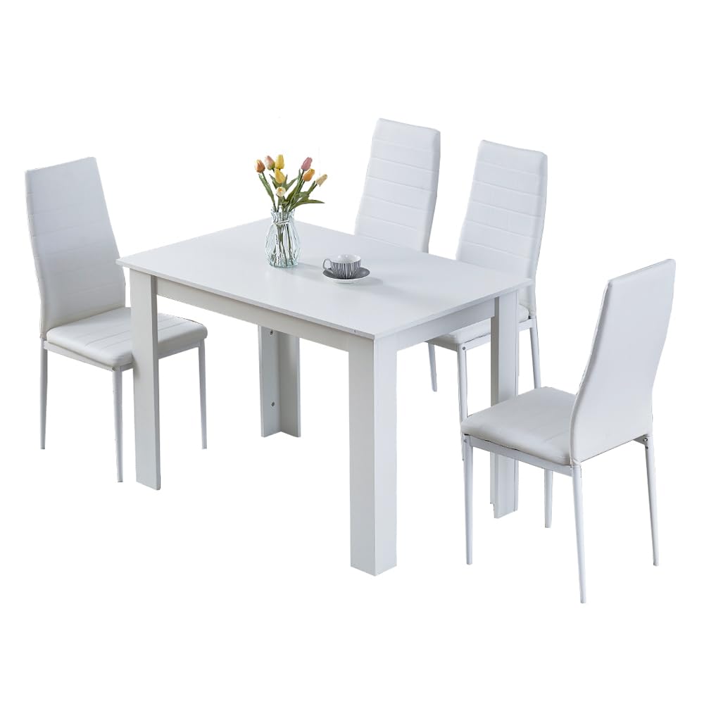 Homullel 5 Piece Dining Room Table and Chairs Set for Dining Room Kitchen, Modern Wooden Dining Table with Chairs for Family Dinner Set (With 4Pcs White Leather Chairs, 110cm White Table)