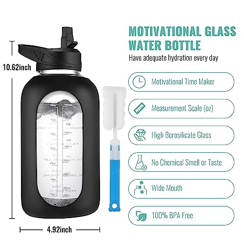 Image of CIVAGO 64 oz Glass Water Bottle Jug with Straw and Handle, Half Gallon Sports Motivational Water Bottle with Time Marker, Wide Mouth Water Flask Canteen with Silicone Sleeve for Gym, Camelia