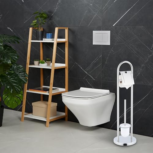 Image of Relaxdays Toilet Brush Holder Stainless Steel H x D 79 x 22 cm Standing Toilet Paper Holder Toilet Brush with Brush Holder Silver