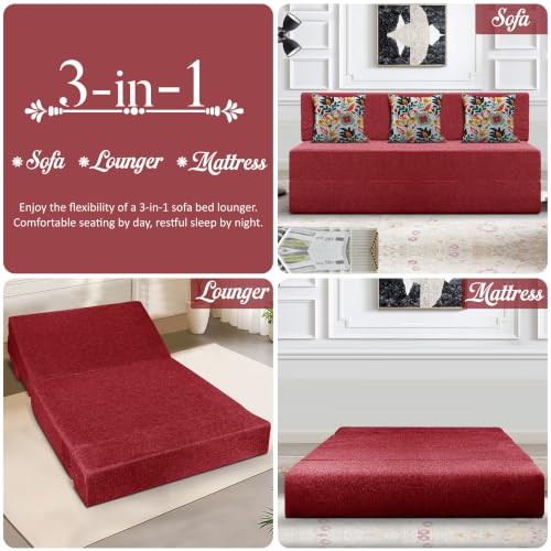Image of Los Angeles Foldable Three Seater Sofa Cum Bed, Sofa Bed 5 X 6 Feet Jute Fabric Washable Cover- Including Cushion Perfect for Living Room - Red