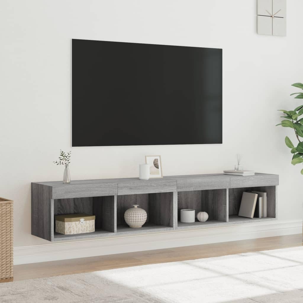 Juego de 2 armarios de TV con luces LED, gris Sonoma, 80 x 30 x 30 cm, montaje en pared, espacio de almacenamiento para salón, madera resistente