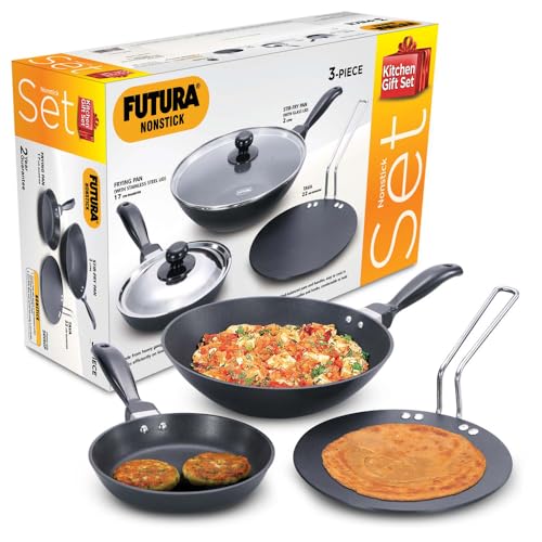 Hawkins Futura Nonstick Kitchen Gift Set – 2 L Stir-Fry Pan with Glass Lid, 17 cm Frying Pan with Stainless Steel Lid and 22 cm Tava, Black (24NSGP)