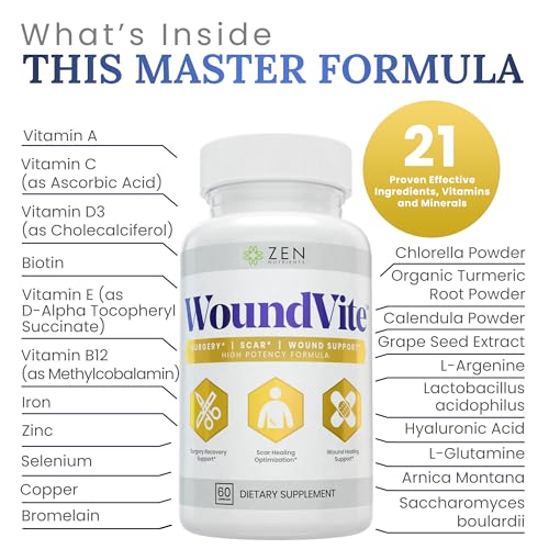 Image of Zen Nutrients WoundVite Pre & Post Surgery Support, Scar & Wound Care, Scar Treatment, Plastic & General Surgery, Heal Faster & Aids in Recovery Time w /Bromelain, Turmeric & Arnica - 60 Vegan Caps