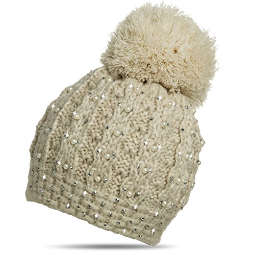 Caspar MU106 Damen Winter Mütze Bommelmütze mit Perlen und Glitzer Strass, Farbe:beige, Größe:One Size