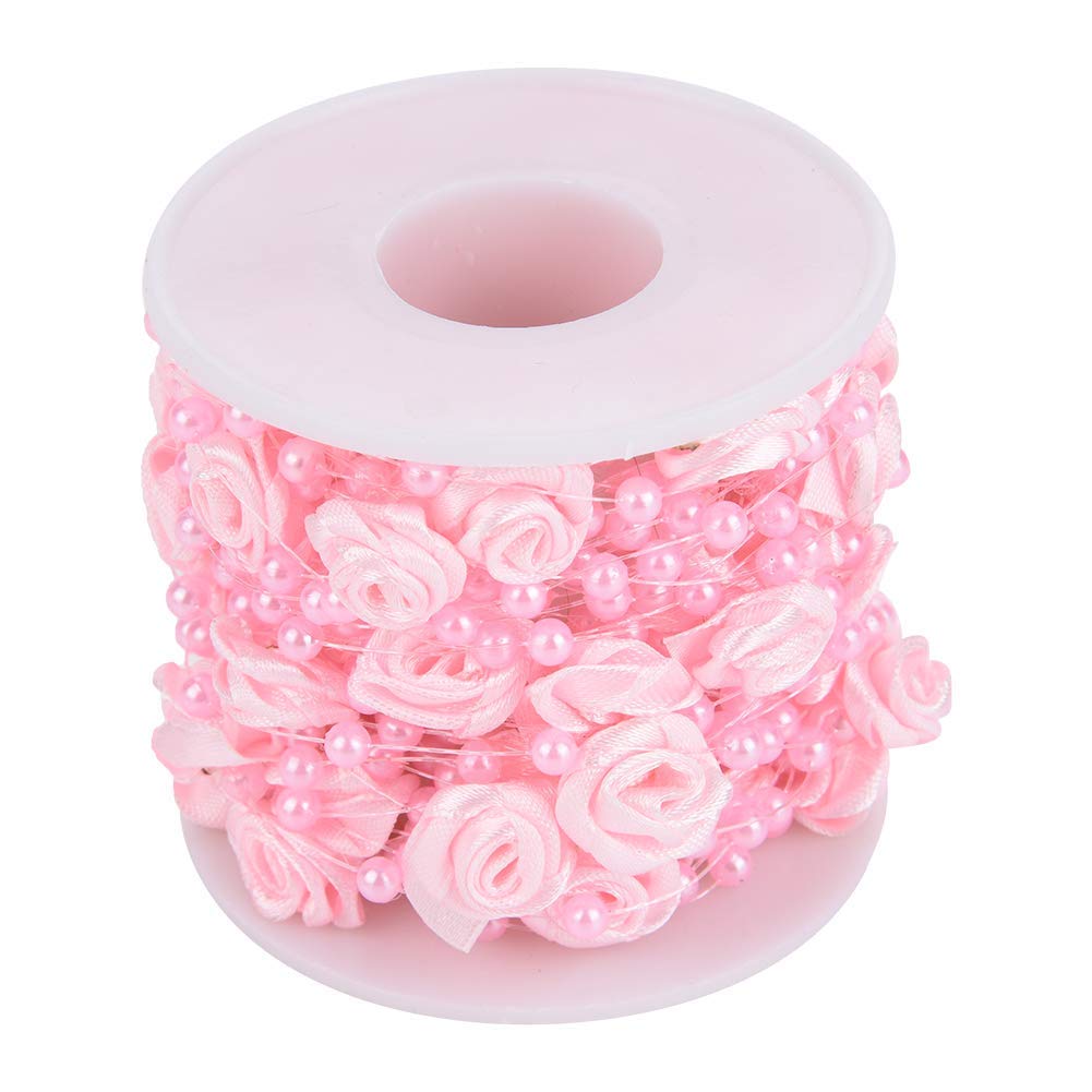 Hilitand 10m/roll 3mm Rose Pearl String Beads, Rose Artificial Pearl Wire Beads, Garland String DIY Wedding Decoration,Faux Crystal Beaded(Pink)