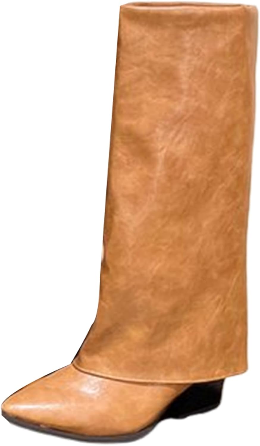 Knee High Boots Women Fold Over Shark Knee High Boots Covered Wedge Heel Padlock Boot Minimalist Street Style Faux Leather Booties Fashion Pointed Toe Dress Fall Long Boot