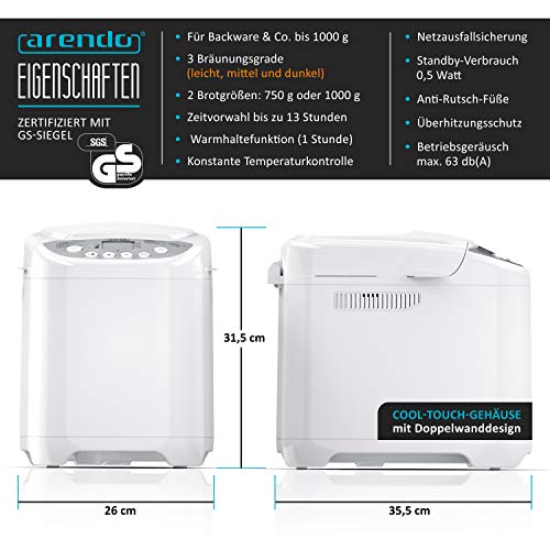 Foto von Arendo 722304943722 Brotbackautomat mit 580 Watt, 1 Liter, White