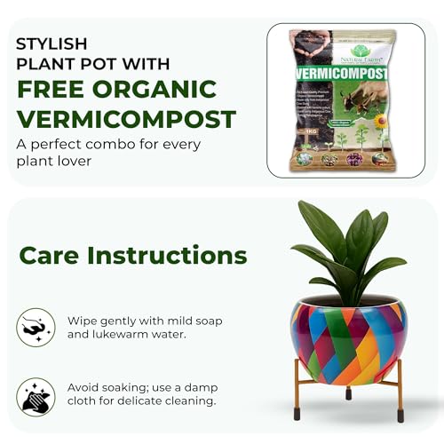 Image of Natural Earth Metal Flower Vase Planter Pot with Iron Stand | Decorative Plant Cachepot for Indoor & Outdoor Use | Succulent Pot for Home & Garden Decor (Geometric Multicolour)