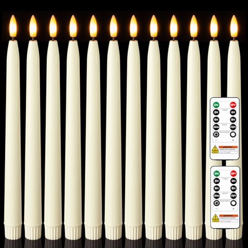 Image of Homemory 11 inches Waxy Flameless Taper Candles with Remote Timer Dimmer, 12 Pcs Battery Operated Taper Candles with Flickering Flame, Ivory LED Candlesticks for Wedding, Christmas Indoor Decoration