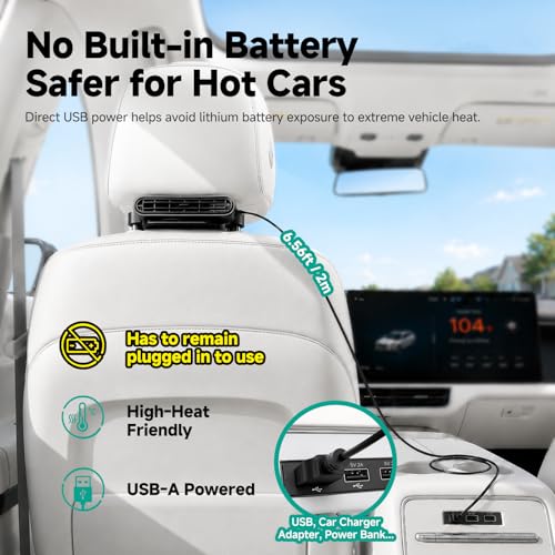 SEAINGO Car Fan for Front and Back Seat, USB Powered (No Battery, Not Rechargeable), Headrest Mount Cooling Fan with Front/Rear Airflow Switch and 3 Speeds, Fits Headrest Posts Spaced 4.6–6.2 in — view 2