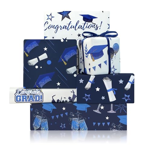 Papier cadeau diplôme 2026 bleu et blanc - Lot de 6 feuilles 50x70cm avec ruban de cérémonie