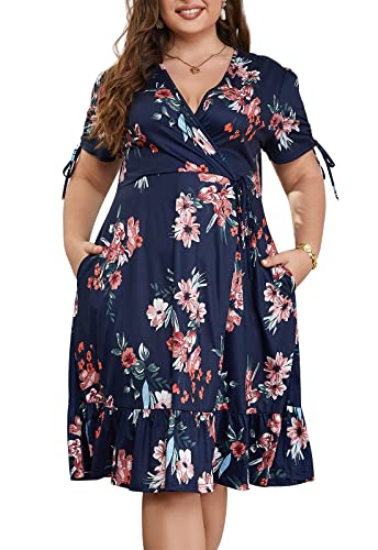 Image of Keluummi Plus Size Summer Wedding Guest Midi Dresses for Curvy Women, Floral V Neck Party Sundress
