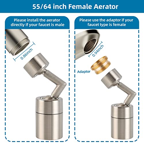 720 Degree Swivel Faucet Extender Female Sink Faucet Aerator With Male Adapter, Faucet Sprayer Attachment Can Be Used As Eyewash Station, 55/64”-27Uns Female Swivel Faucet Aerator, Brushed Nickel #TOP4