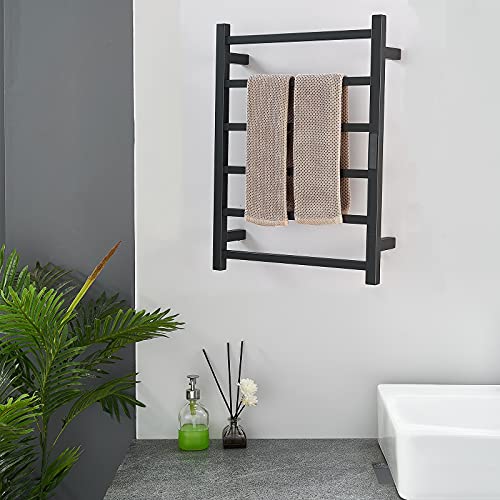 Toallero eléctrico de baño, Calentador de Toallas de Pared de 6 Barras con Temporizador y Control de Temperatura, radiador de Acero Inoxidable 304, 60 x 45 x 12 cm, Negro, con(Black-Plug In)