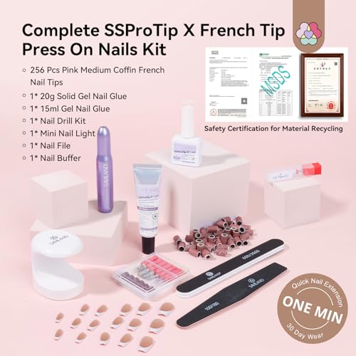 Image of SAVILAND Gel Nail X Kit: 30 Days Wear Nails Press Ons Brown Medium Coffin French Tip Press On Nails 256 Pcs Strong Nail Glue for Press Ons U V Light Electric Nail File Nail Art Tools for Beginners