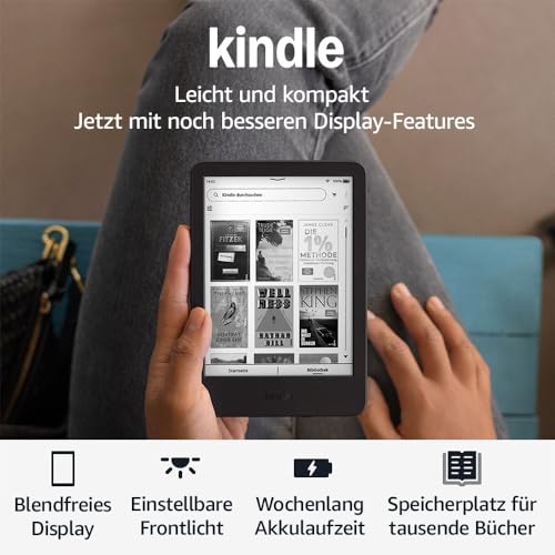 Amazon Kindle (neueste generation) – Der leichteste und kompakteste Kindle, mit blendfreiem Bildschirm, schnellerem Umblättern und anpassbarem Frontlicht – 16 GB – mit Werbung – schwarz