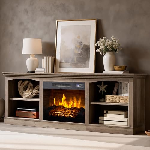 AMERLIFE 70 Inch Fireplace TV Stand for TVs up to 80", Farmhouse Entertainment Center with 23" Electric Fireplace One-Box Delivery, Media Console Table with Storage for Living Room, Rustic Grey