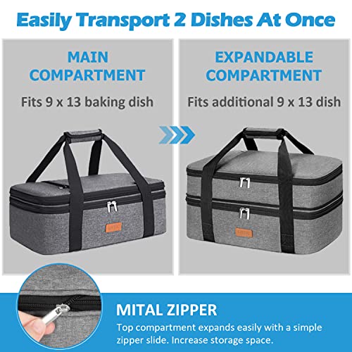 Lhzk Double Decker Insulated Casserole Carrier For Hot Or Cold Food, Expandable Hot Food Carrier, Lasagna Holder Tote For Potluck Parties, Picnic, Beach, Fits 11 X 15 Or 9 X 13 Baking Dish (Grey) #TOP2