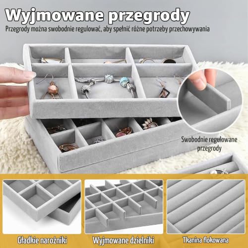 SaiXuan Zestaw 6 Tack Do Biżuterii, Tacki Na Biżuterię Sztaplowane, Organizer Na Biżuterię Do Szuflady i Toaletki, Na Pierścionki, Kolczyki, Naszyjniki, Bransoletki, Tacki Zamszowe (Szary)