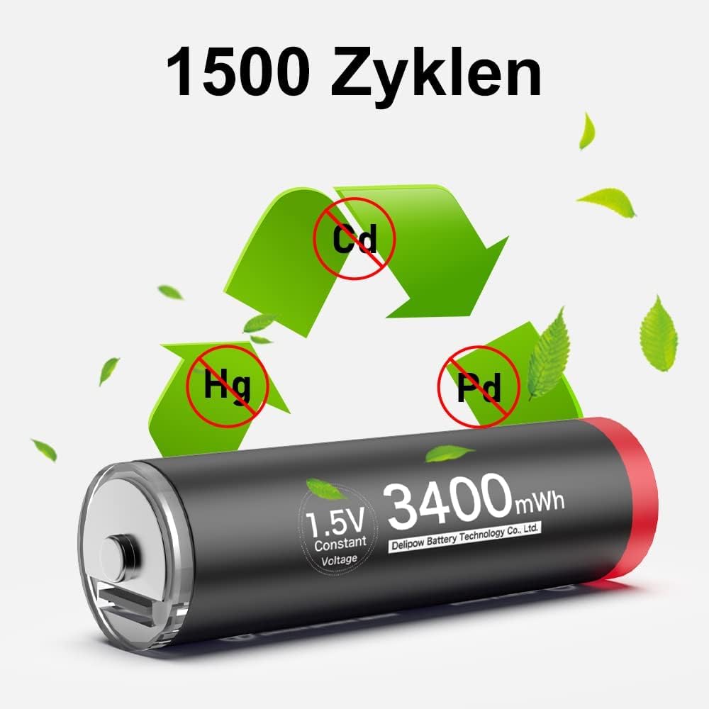 Piles Rechargeables AA 1,5V Lithium 3400mWh de Haute capacité,Pile AA Lithium Rechargeable 1500 Cycle USB C 8 Piles