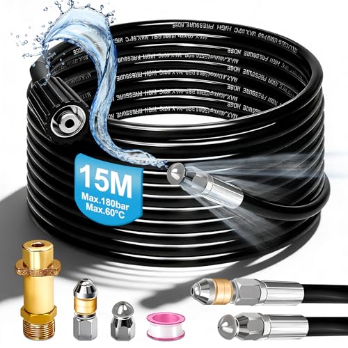 Manguera de Limpieza de Tuberías 15 m, 180 bares, Boquilla Giratoria + Adaptador M22 – Compatible con Kärcher K2–K7 y Universales